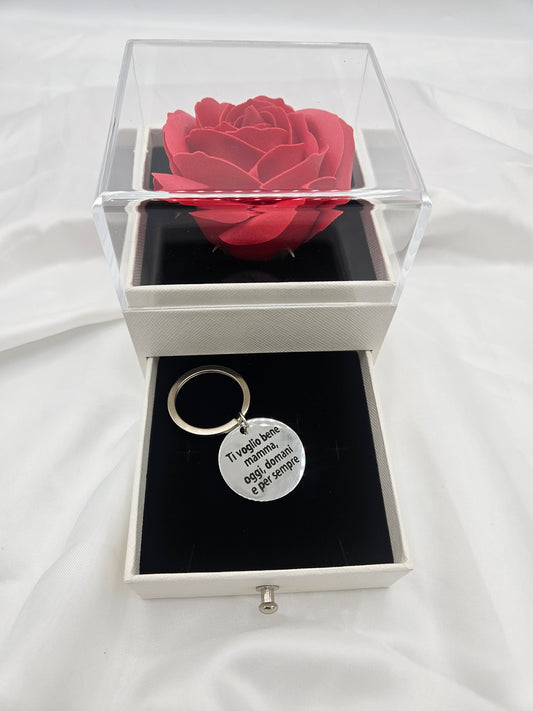 Box con cassetto apribile con portachiavi con dedica per la mamma.